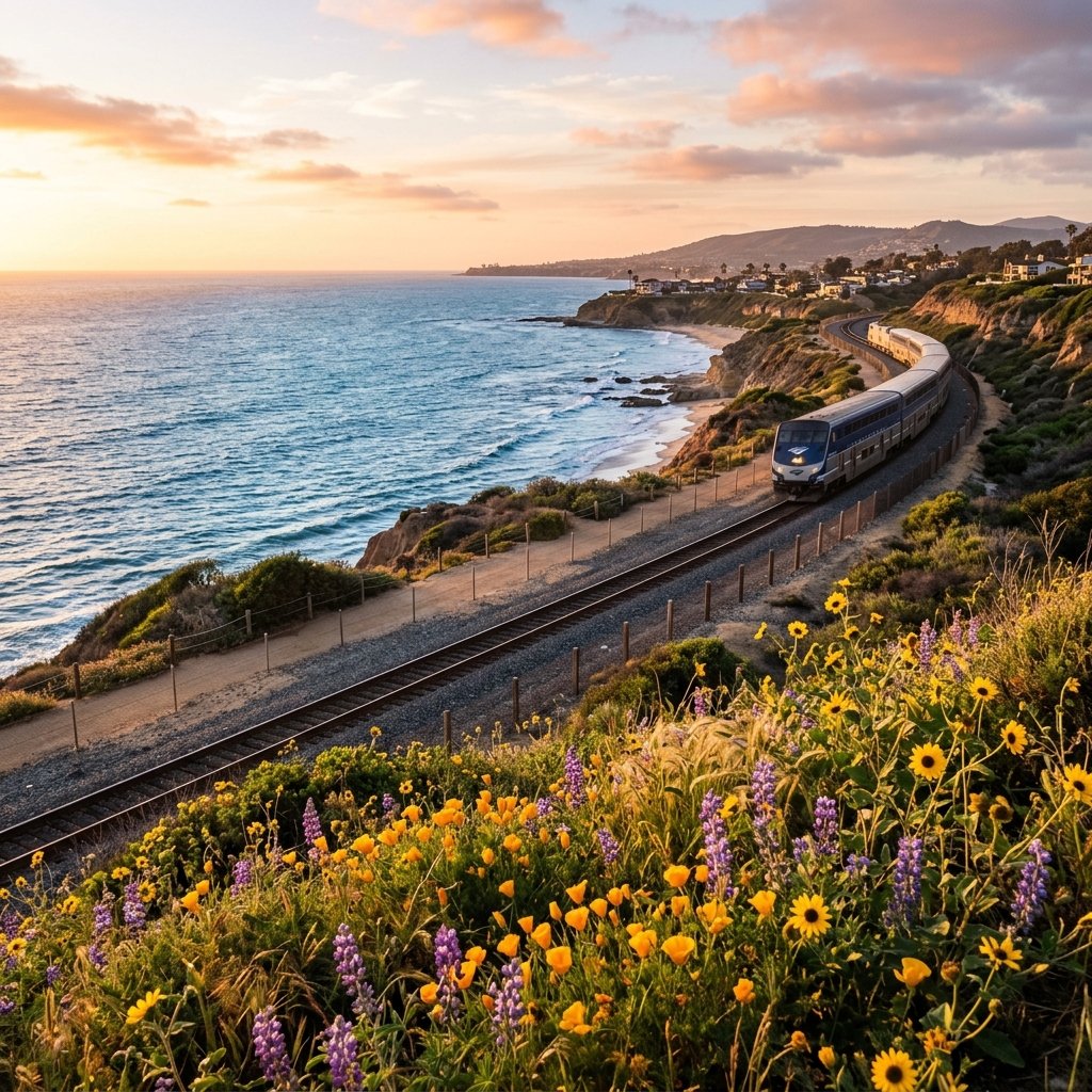 Coastal train tracks along the bluff in Del Mar, San Diego, with wildflowers in bloom.